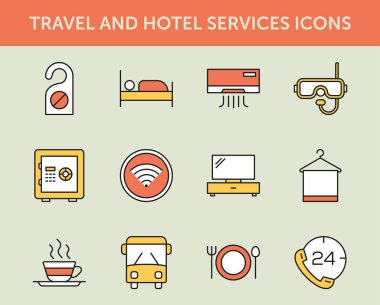 seyahat ve otel hizmetleri renkli çizgi simgeler