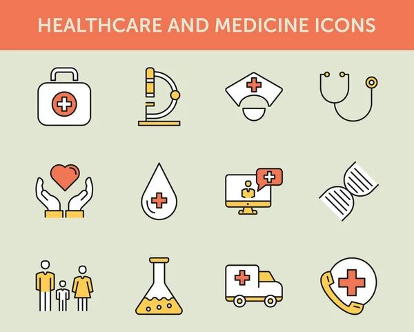 Iconos Línea Coloreados Atención Médica Medicina — Vector de stock