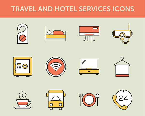 travel And Hotel Services Colored Line Icons