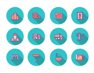 İnşaat renkli düz çizgi Icon Set, vektör çizim 