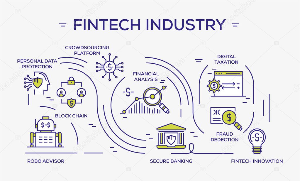 Fintech Industry Colored Icons, vector illustration 