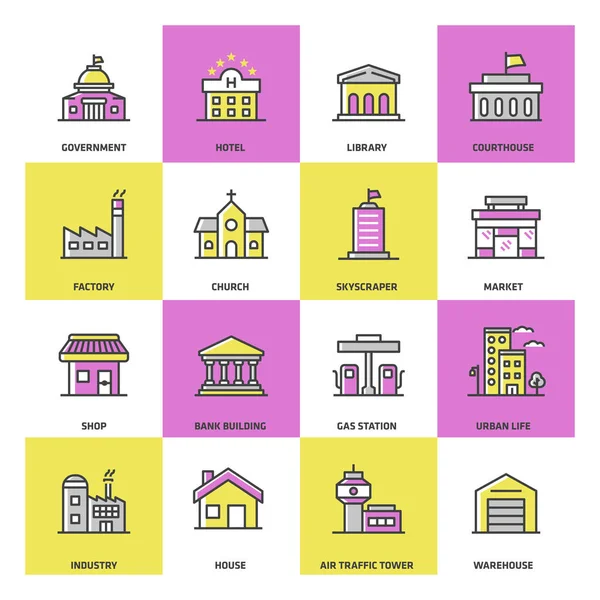 Edificios Públicos Set Iconos Colores — Vector de stock