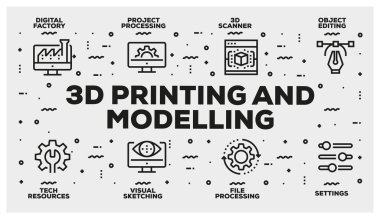 3D baskı ve satır Icon Set modelleme