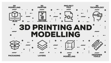 3D baskı ve satır Icon Set modelleme