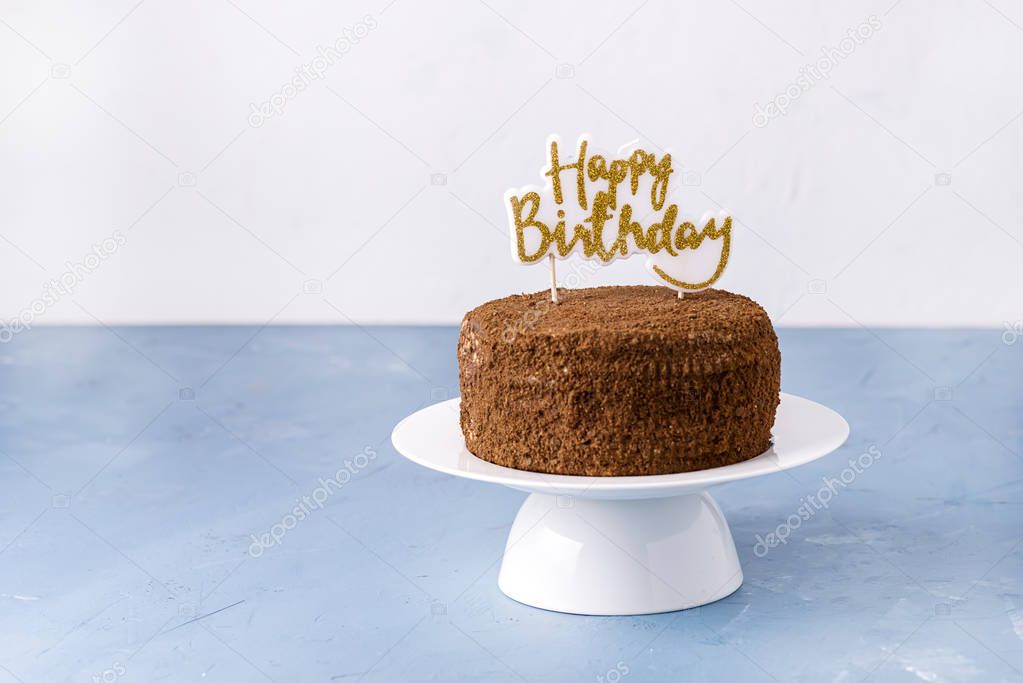 Happy Birthday Candles on Chocolate Cake Tasty Chocolate Homemade Cake for Holiday Horizontal Copy Space