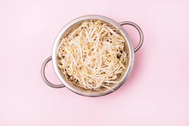 Colander Wirh Raw Mung Fasulye Filizleri Üst Görünüm Yatay Vegan Sağlıklı Yemek
