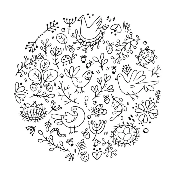 Desain elemen pada tema alam, tanaman, burung. Gaya Doodle dalam komposisi bentuk lingkaran. - Stok Vektor