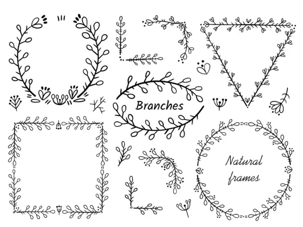 Rámce a rohy pro textovou dekoraci. Design prvků ve stylu doodle. Přírodní styl, větve, rostliny. — Stockový vektor