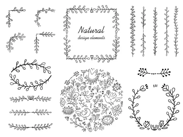 A set of corners and frames for page decoration. Design elements in doodle style. Natural style, branches, plants. — Stock Vector