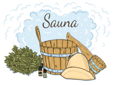 Sauna için malzeme kompozisyonu. Beyaz arkaplandaki izole nesneler. Doodle tarzı.