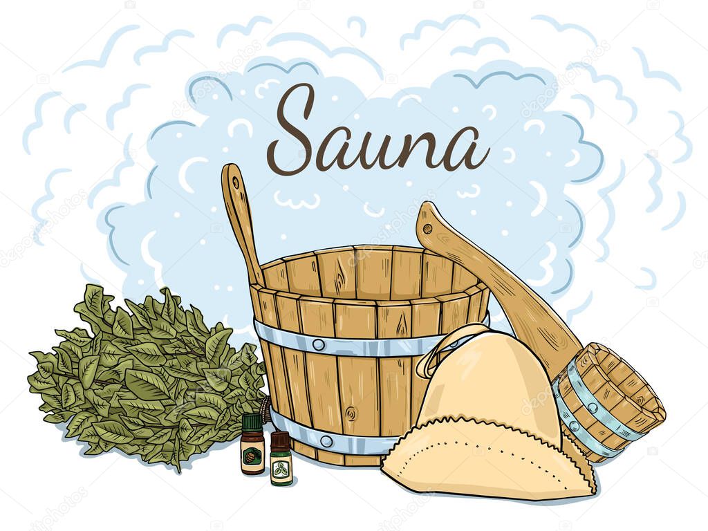 Composition of items for the sauna. Isolated objects on a white background. Doodle style.