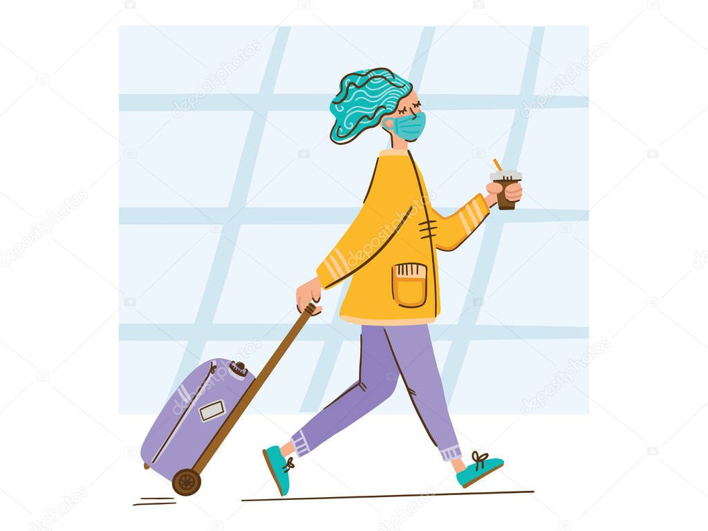 Illustration of a girl walking at the airport with a mask, luggage and coffee. Bright colours. Simple style.