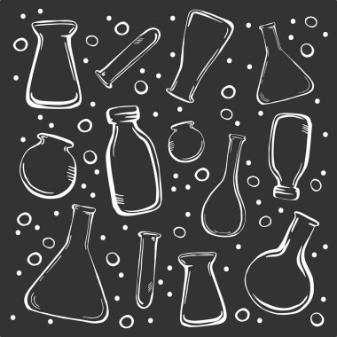 Bir takım tıbbi kutular, şişeler, şişeler. Karanlık bir arka planda beyaz bir taslak. Tebeşir çizim biçimi.