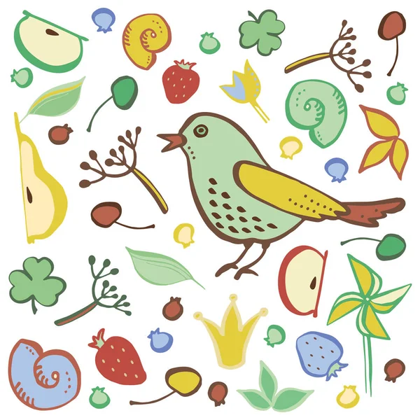 A set of elements on the theme of nature. Bird, fruits, berries, twigs. — Stock Vector