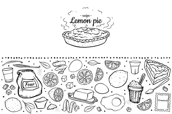 Fresh Sweet Lemon Pie Black Outline Isolated White Background Recipe — Stock Vector