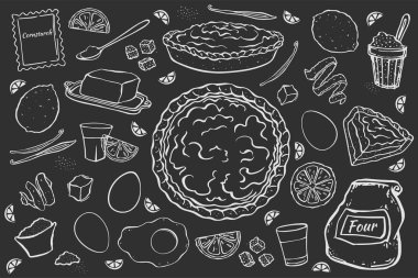 Kafe menüsü fiyat etiketi için siyah tebeşir tahtası tarifine izole edilmiş taze limonlu turta.