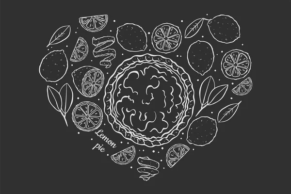 Illustration lemons and lemon pie isolated on black chalk board in the shape of a heart — Stock Vector