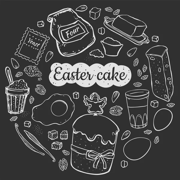 Recipe Easter cake. Set objects for cooking in the shape of a circle isolated on black chalk board recipe for cafe menu. — Stock Vector