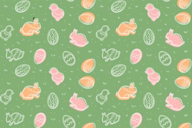 Güzel renksiz paskalya şablonu. Yeşil arka planda basit bir beyaz taslak. Doodle tarzı.