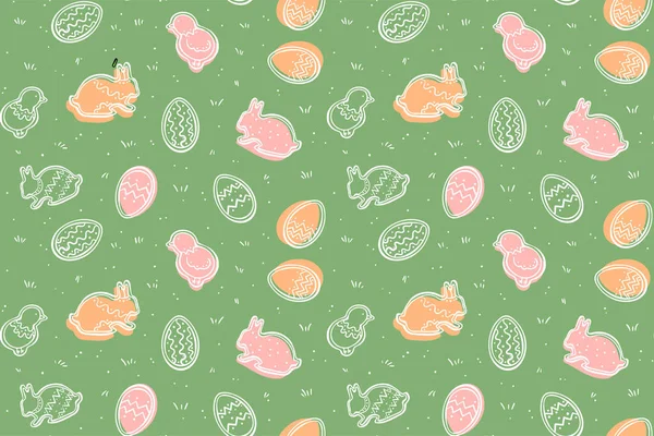 Cute colourful seamless Easter pattern. Simple white outline on green background. Doodle style. — Stock Vector