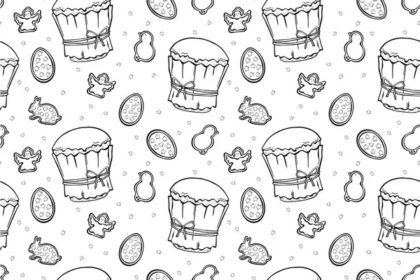 Yummy Glaze Easter Cakes Eggs Angels Black Outline White Background — Stock Vector