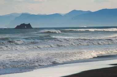 Halaktyr plaj. Kamçatka. Rusya Federasyonu. Karanlık neredeyse siyah renkli kum beach Pasifik Okyanusu. Taş dağları ve sarı çim bir arka plan üzerinde vardır. Hafif mavi gökyüzü