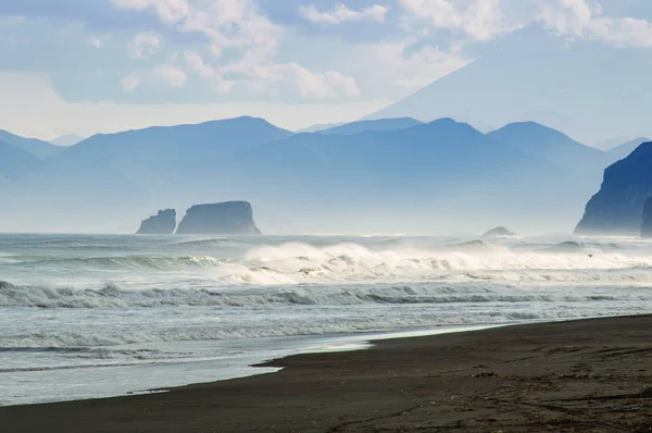 Pantai Halaktyr. Kamchatka. Federasi Rusia. Warna gelap hampir hitam pasir pantai Samudera Pasifik. Batu gunung dan rumput kuning berada di latar belakang. Langit biru muda — Stok Foto