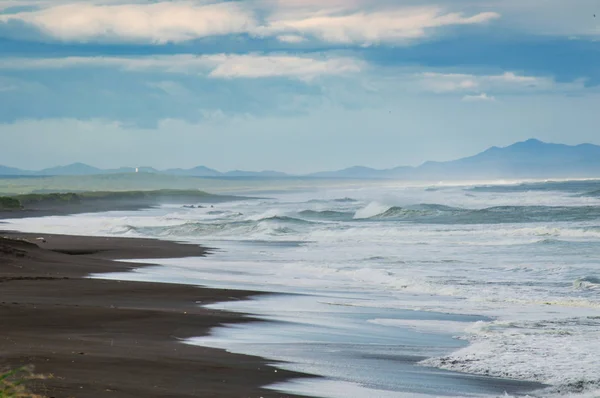 Playa Halaktyr. Kamchatka. Federación Rusa. Playa de arena de color oscuro casi negro del océano Pacífico. Las montañas de piedra y la hierba amarilla están sobre un fondo. Cielo azul claro —  Fotos de Stock