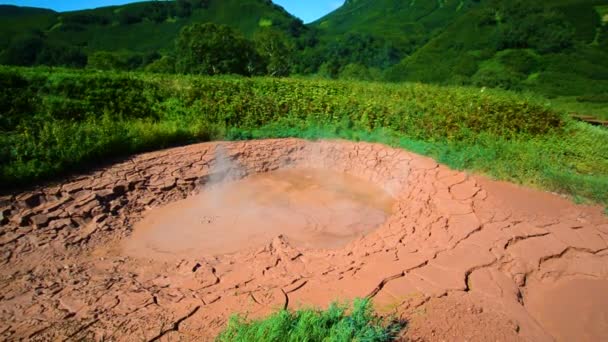 Des pots de boue dans la vallée des Geysers. Saison touristique dans la péninsule du Kamchatka. Réserve naturelle de Kronotsky. La vidéo du stock d'été — Video