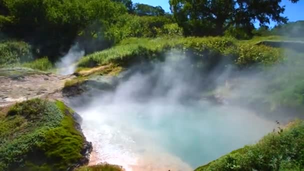 Valley of Geysers. Tourist season in Kamchatka Peninsula. Kronotsky Nature Reserve. The summer stock footage video — Stock Video