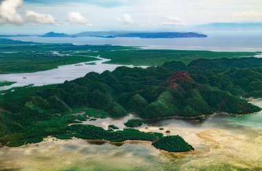 Güzel lagün karstik ılık ve yeşil mangrov tropik bir ormanda, Siargao Adası, Filipinler satırında bataklık havadan görünümü.