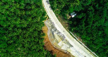 Avuç içi orman, yol ve dağ Siargao Adası üzerinde hava görünümünü. Filipinler.