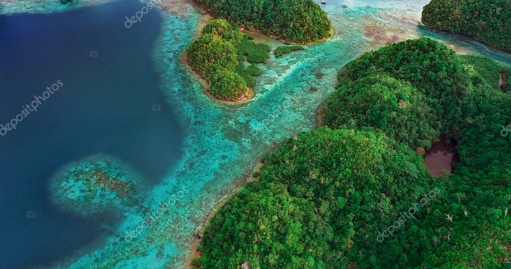 Aerial view of Sugba lagoon. Beautiful landscape with blue sea lagoon, National Park, Siargao Island, Philippines.