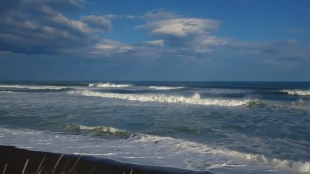 Khalaktyrsky Beach. Deniz manzarası Kamçatka Yarımadası: görünüm Pasifik Okyanusu volkanik kum plaj. Rusya Uzakdoğu, Eurasia — Stok video