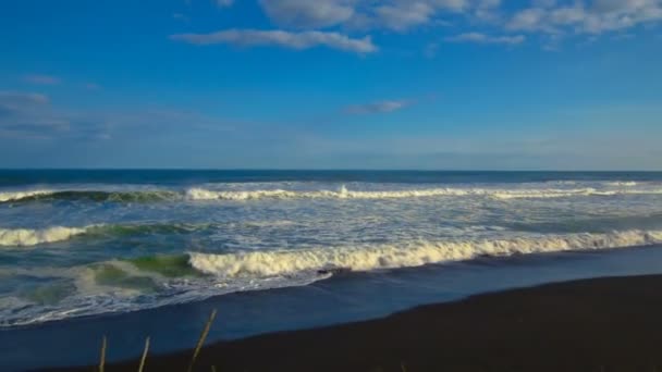 Khalaktyrsky Beach. Přímořská krajina poloostrova Kamčatka: pohled na pláž vulkanického písku v Tichém oceánu. Rusko Dálného východu, Eurasie — Stock video