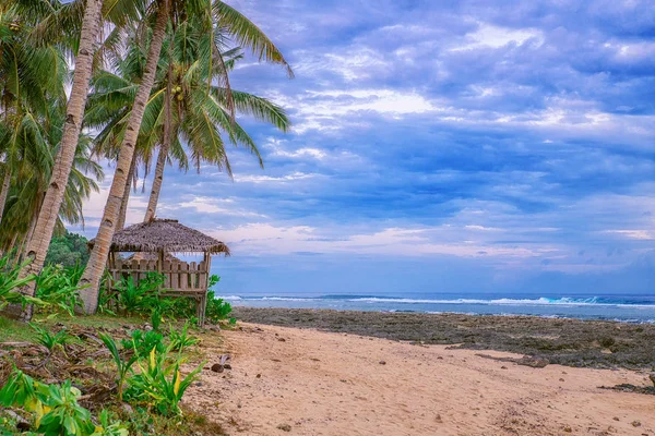 美丽的海滩。美丽的热带海滩的景色, 周围都有棕榈树。假期和假期的概念。热带海滩菲律宾在海岸岛 siargao — 图库照片