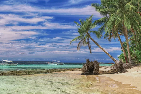 Bela praia. Vista da praia tropical agradável com palmas ao redor. Conceito de férias e férias. Praia tropical Filipinas na ilha costeira Siargao — Fotografia de Stock