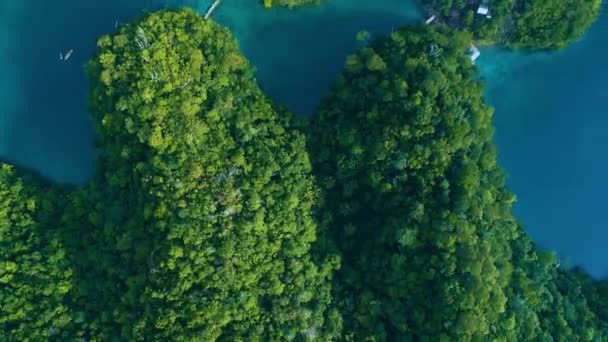 热带景观雨林丘陵和蔚蓝的水泻湖与云在锡亚尔高岛 菲律宾 无人机鸟瞰图 4Kl — 图库视频影像