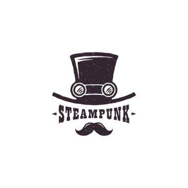 Retro steampunk siyah şapka ve moustages. Vintage logo