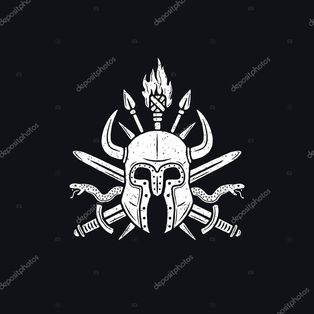 Monochrome viking helmet emblem. Retro logo