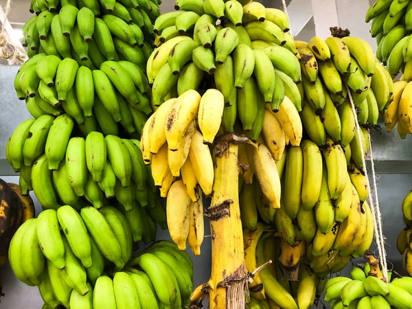 Bananas hanging in a supermarket in Bora Bora, The Society Islands, French Polynesia