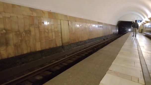 Bir adam Aviamotornaya metro istasyonu, Moskova ulaşmak tren bekliyor — Stok video