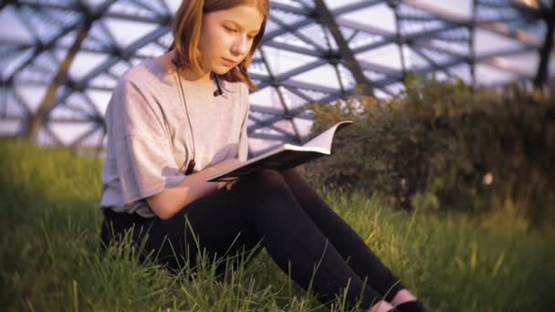 Fiatal tini lány t-shirt olvasatban előadásjegyzetek ül a fűben a parkban egy napsütéses napon — Stock videók