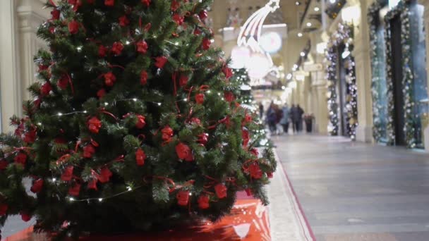 Noel ağacı kırmızı oyuncaklarla süslenmiş, sakız içinde duruyor. Ziyaretçiler geçiyor.. — Stok video