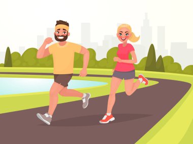 Mutlu çiftimiz Parkta koşuşturan. Erkek ve kadın fitness nişanlı. Sabah koşu. Etkin ve sağlıklı bir yaşam tarzı. Vektör çizim karikatür tarzı