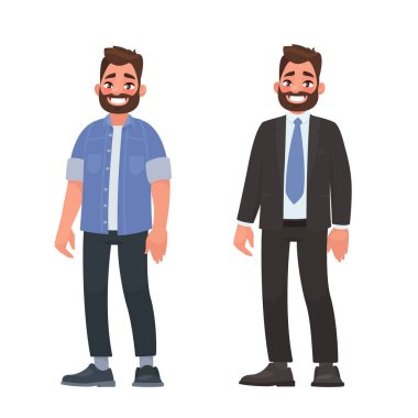 Sıradan ve iş kıyafetleri içindeki yakışıklı sakallı adam. Gömlek, kot pantolon ve sıkı bir takım elbise giymiş bir adam. Çizgi film tarzında vektör illüstrasyonu