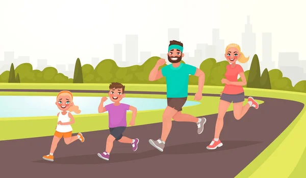Egy Jogging Boldog Család Apa Anya Lánya Fia Szaladgált Parkban — Stock Vector