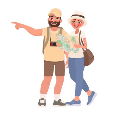 Bir kaç turist turistik yerleri ziyaret. Yeni ülkelere seyahat. İnsanlar ve Turizm. Vektör çizim karikatür tarzı
