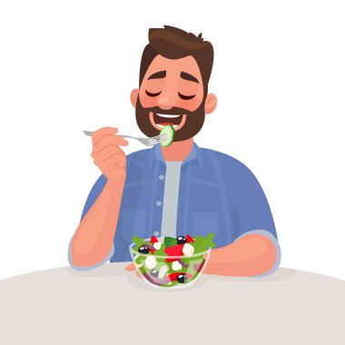Adam salata yiyor. Vejetaryen. Düzgün beslenme ve sağlıklı yaşam tarzı kavramı. Çizgi film tarzında vektör illüstrasyonu