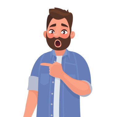 Şaşırmış adam bir şeye işaret ediyor. İnanılmaz ve şok edici bir haber ya da önerinin elementi. Çizgi film tarzında vektör illüstrasyonu